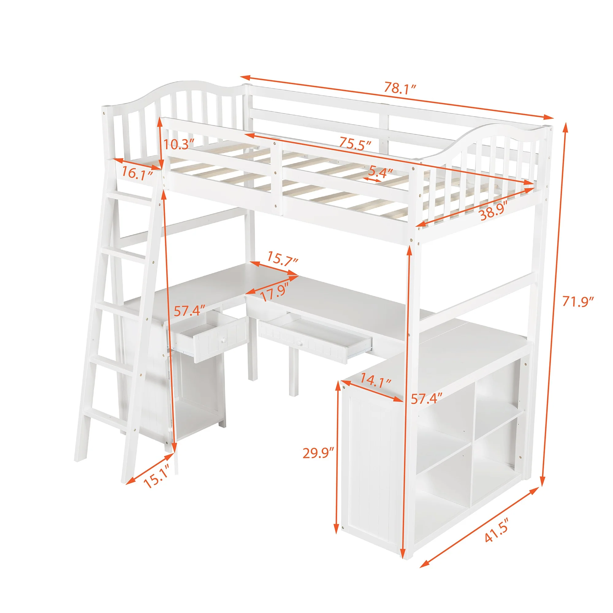 Modern Classic White Twin Loft Bed With Book Shelf Desk And Cabinet By Homeroots - Image 6
