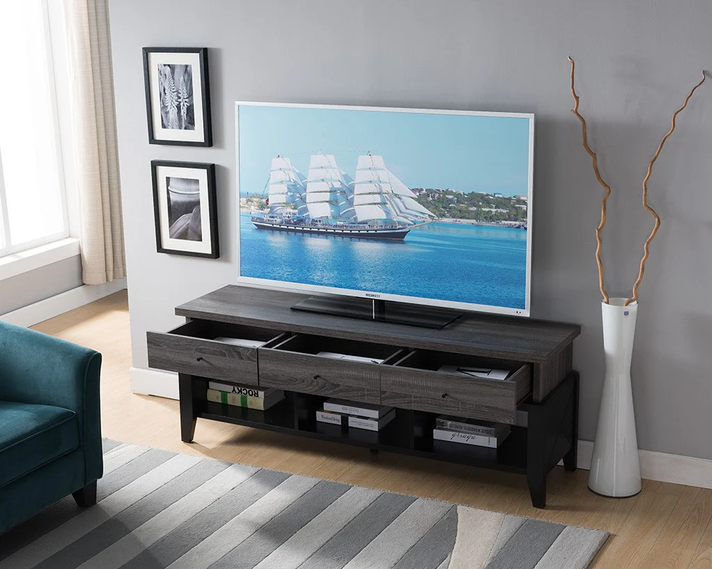 Modern Distressed Gray and Black TV Stand By Homeroots - Image 2
