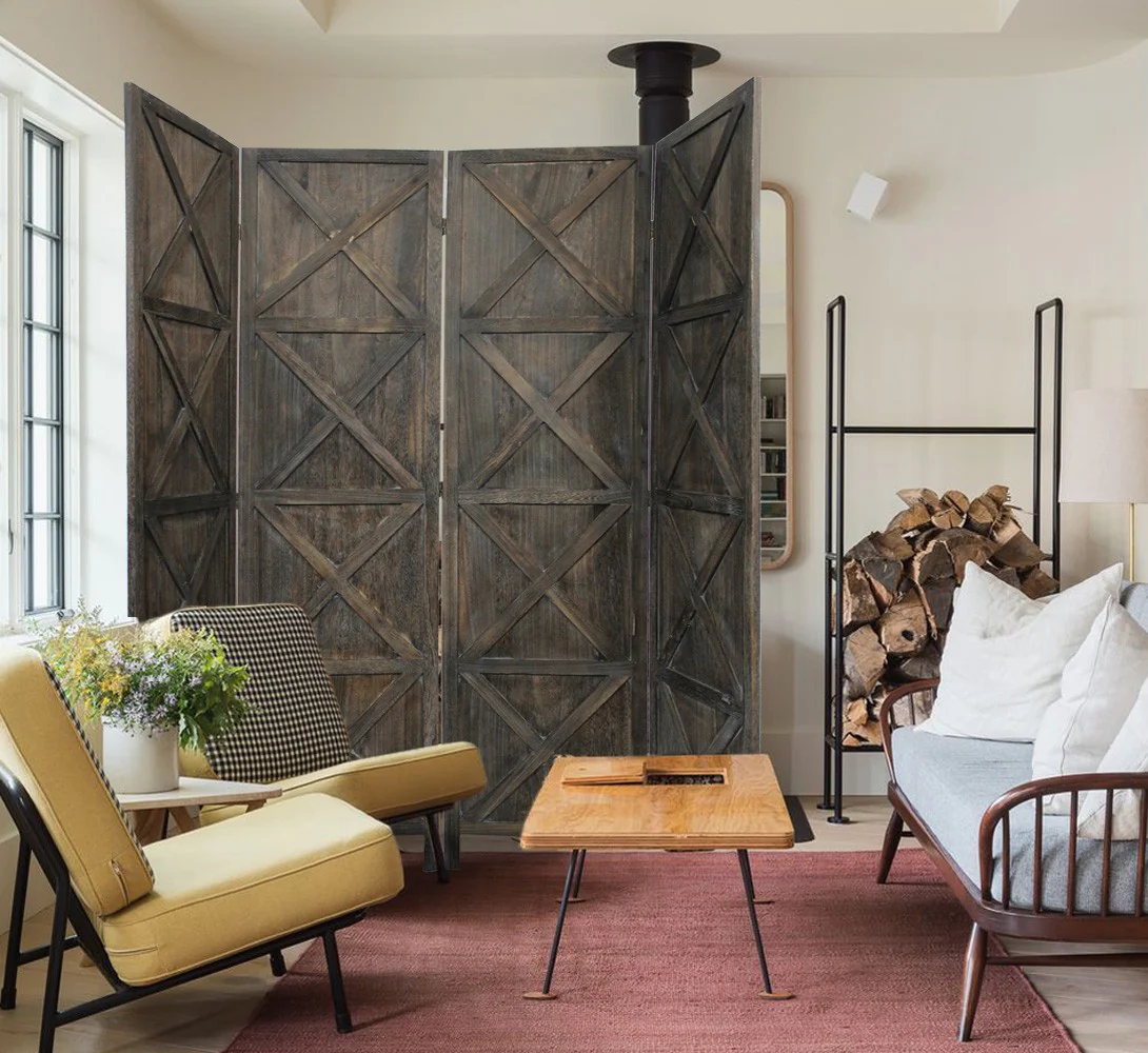 Modern Farmhouse Rustic Four Panel Room Divider Screen By Homeroots - Image 5