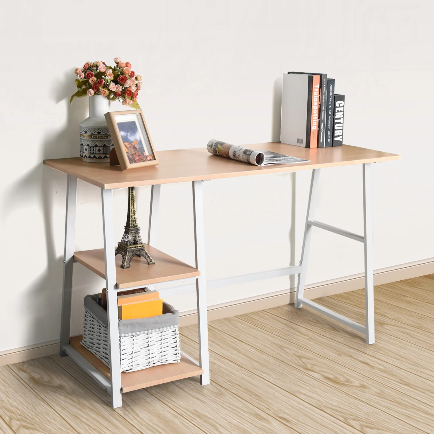 Modern Geo Beech Home Office Table With Storage Shelves By Homeroots - Image 2