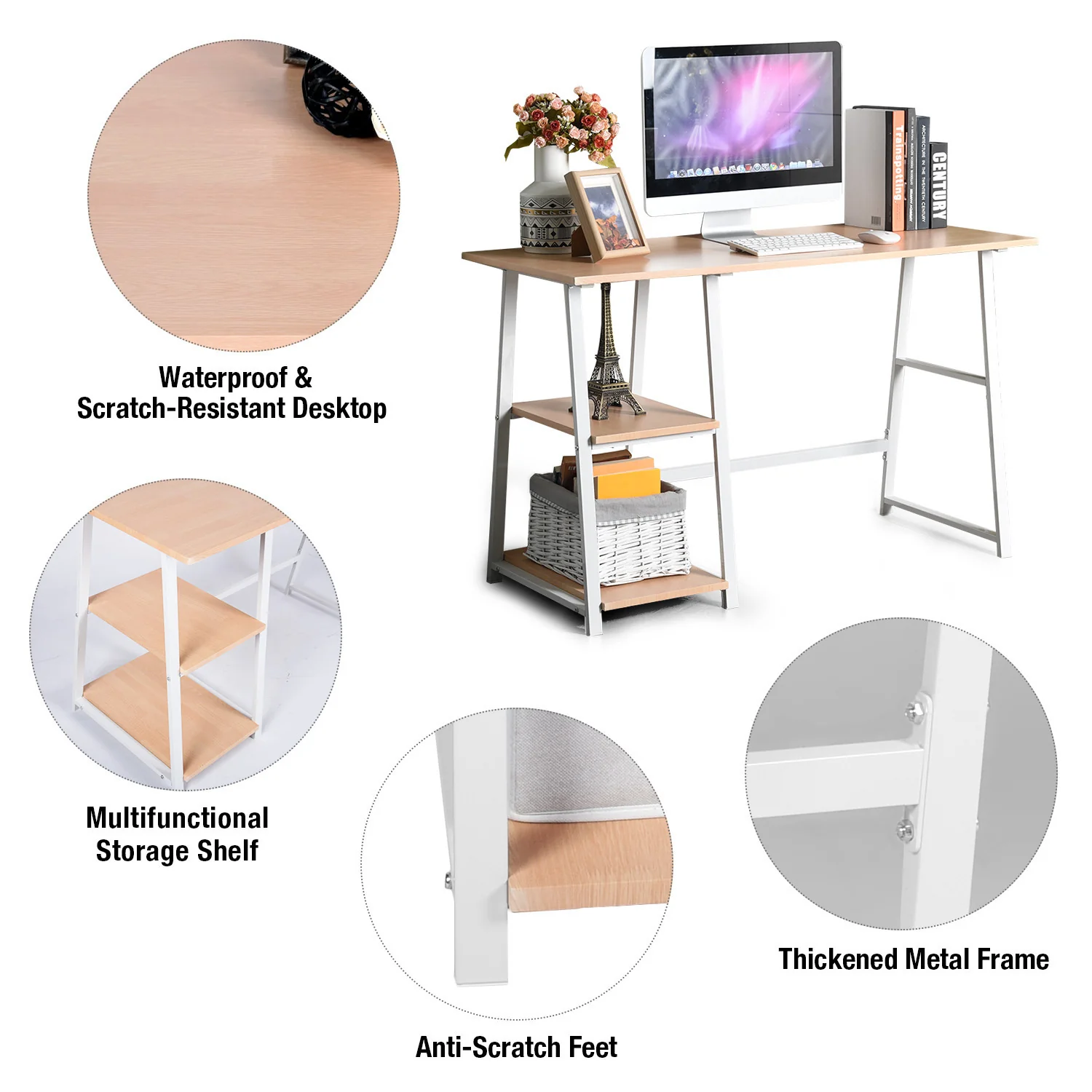 Modern Geo Beech Home Office Table With Storage Shelves By Homeroots - Image 3