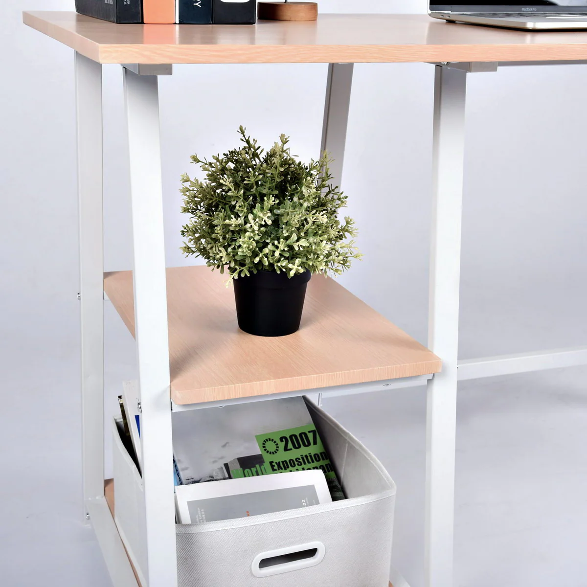 Modern Geo Beech Home Office Table With Storage Shelves By Homeroots - Image 4