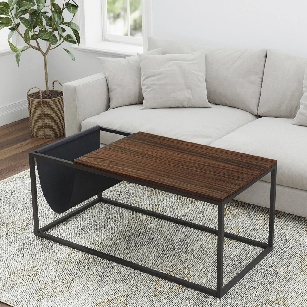 Modern Geo Black and Walnut Sofa Table with Magazine Holder By Homeroots - Image 2
