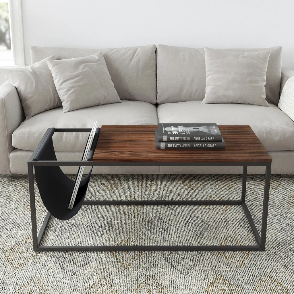 Modern Geo Black and Walnut Sofa Table with Magazine Holder By Homeroots - Image 3