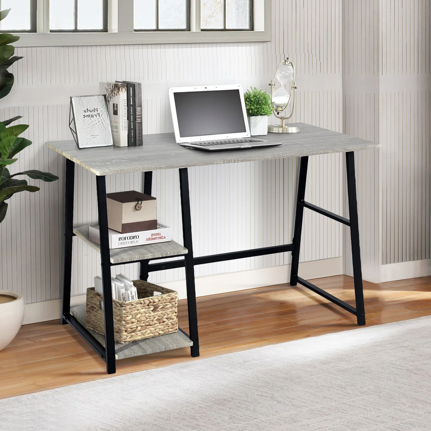 Modern Geo Dark Grey Home Office Table With Storage Shelves By Homeroots - Image 2