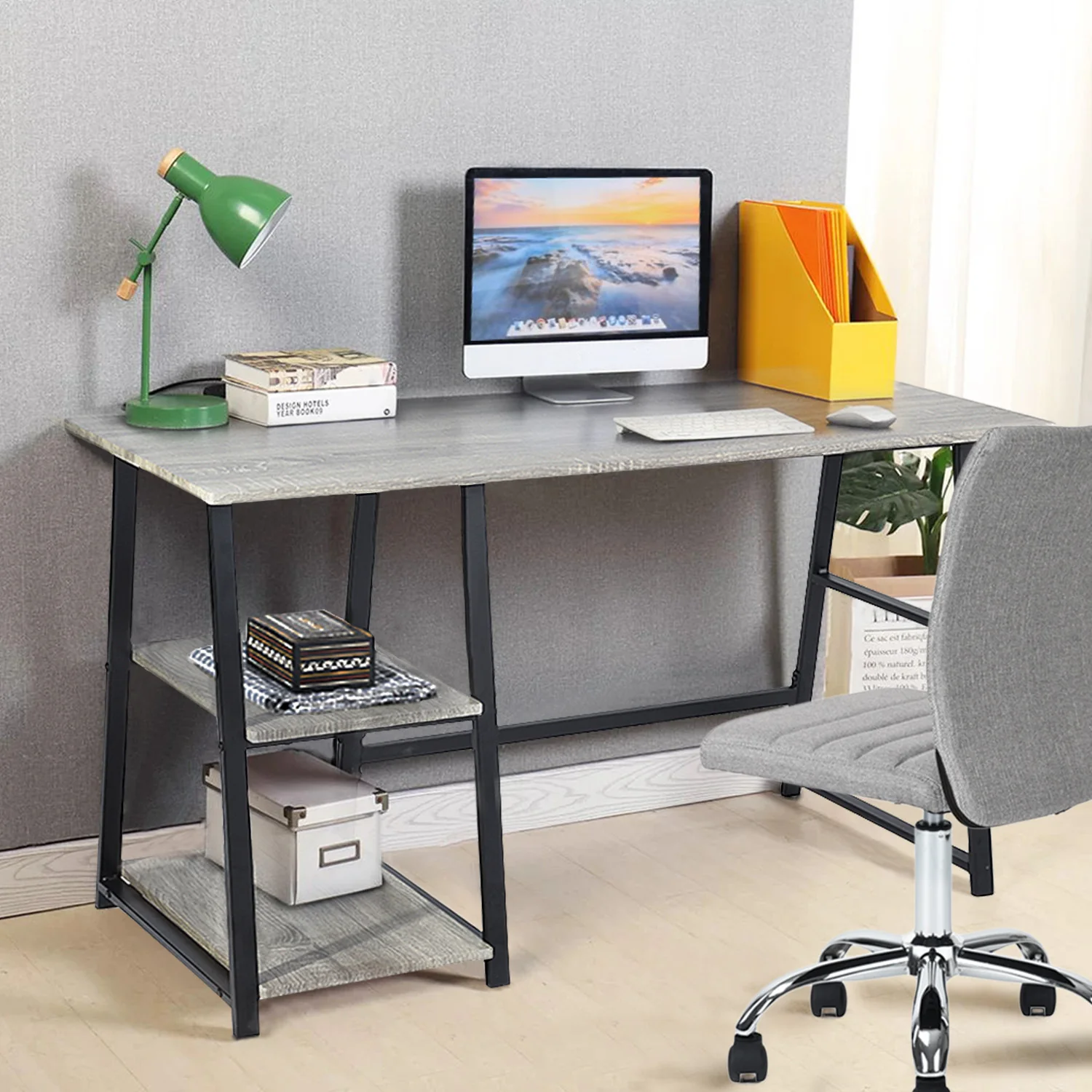Modern Geo Dark Grey Home Office Table With Storage Shelves By Homeroots - Image 3