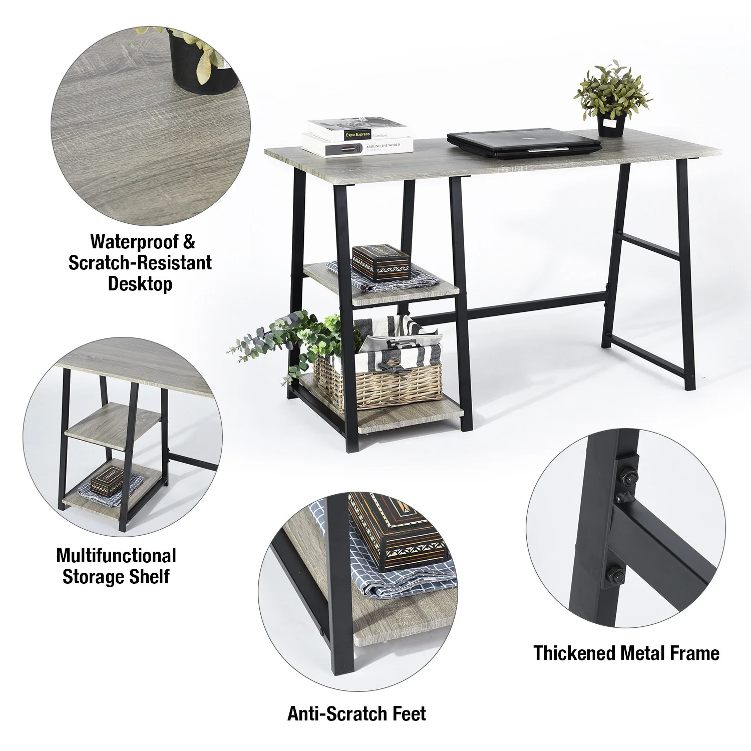Modern Geo Dark Grey Home Office Table With Storage Shelves By Homeroots - Image 4