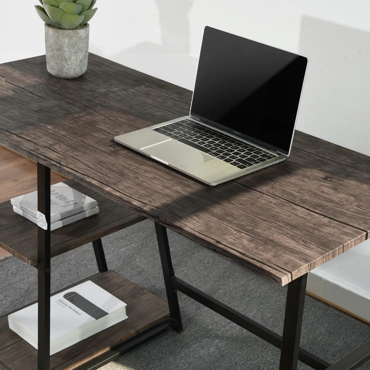Modern Geo Oak Home Office Table With Storage Shelves By Homeroots - Image 2