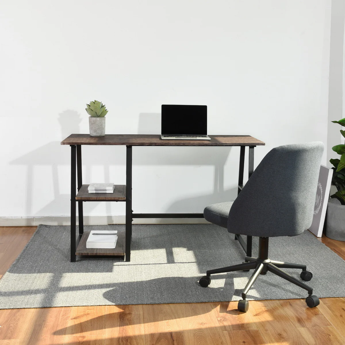 Modern Geo Oak Home Office Table With Storage Shelves By Homeroots - Image 3