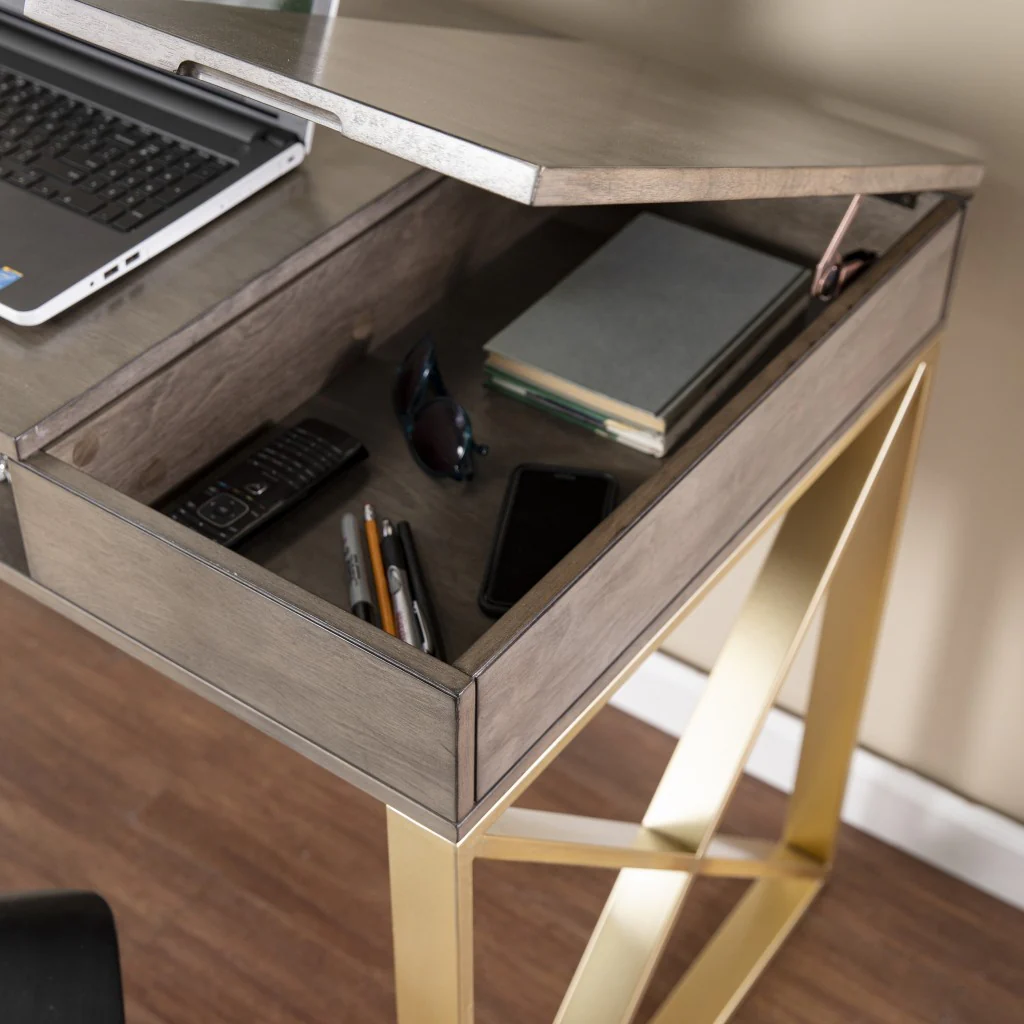Modern Gray and Gold Writing Desk with Storage By Homeroots - Image 2