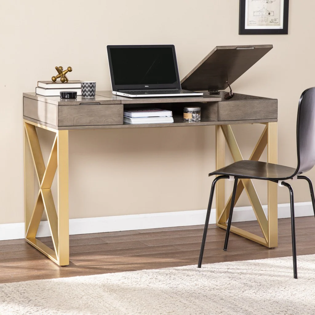 Modern Gray and Gold Writing Desk with Storage By Homeroots - Image 3