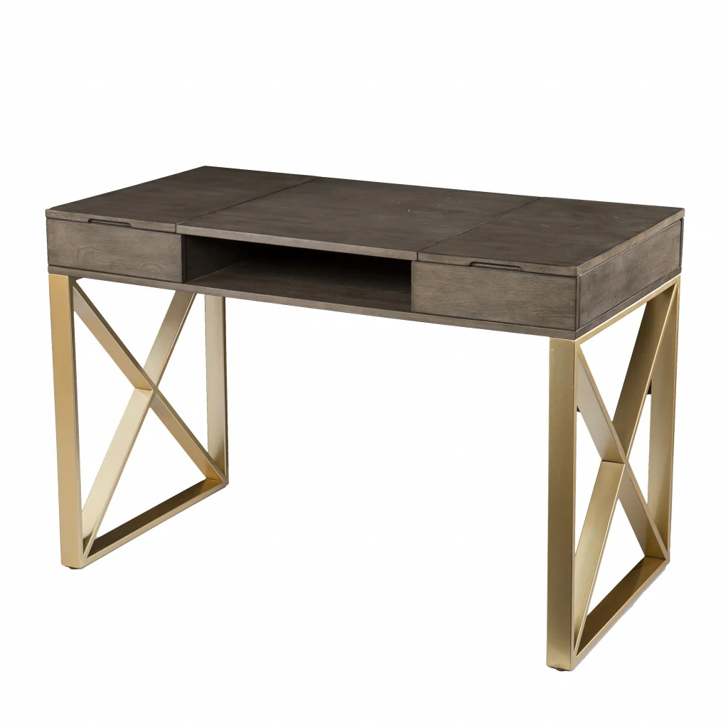 Modern Gray and Gold Writing Desk with Storage By Homeroots - Image 5