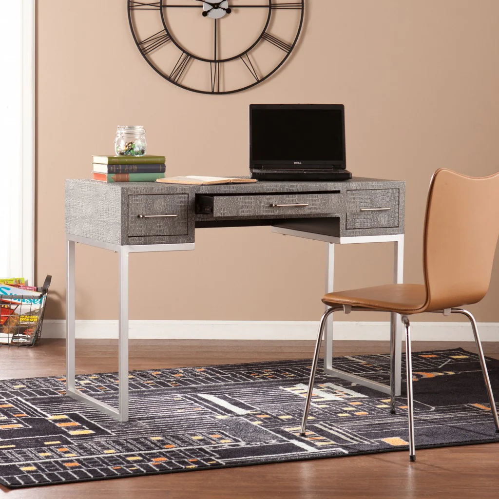 Modern Gray and Silver Faux Snakeskin Desk By Homeroots - Image 3