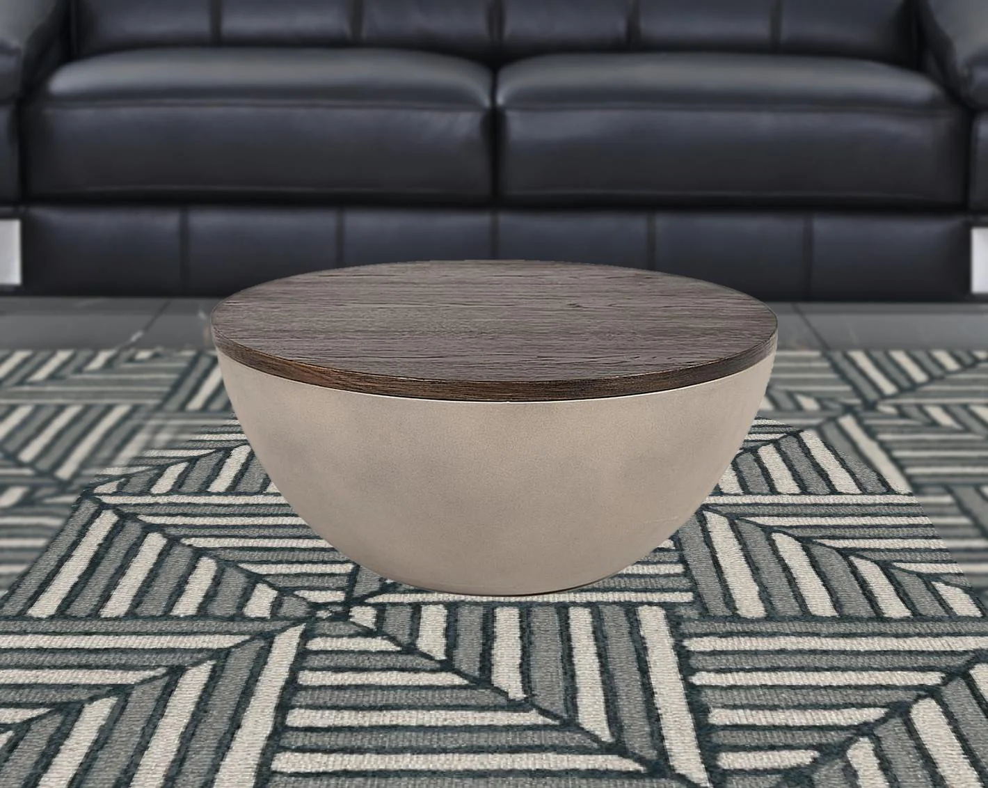 Modern Grey Concrete and Brown Oak Round Coffee Table By Homeroots - Image 5