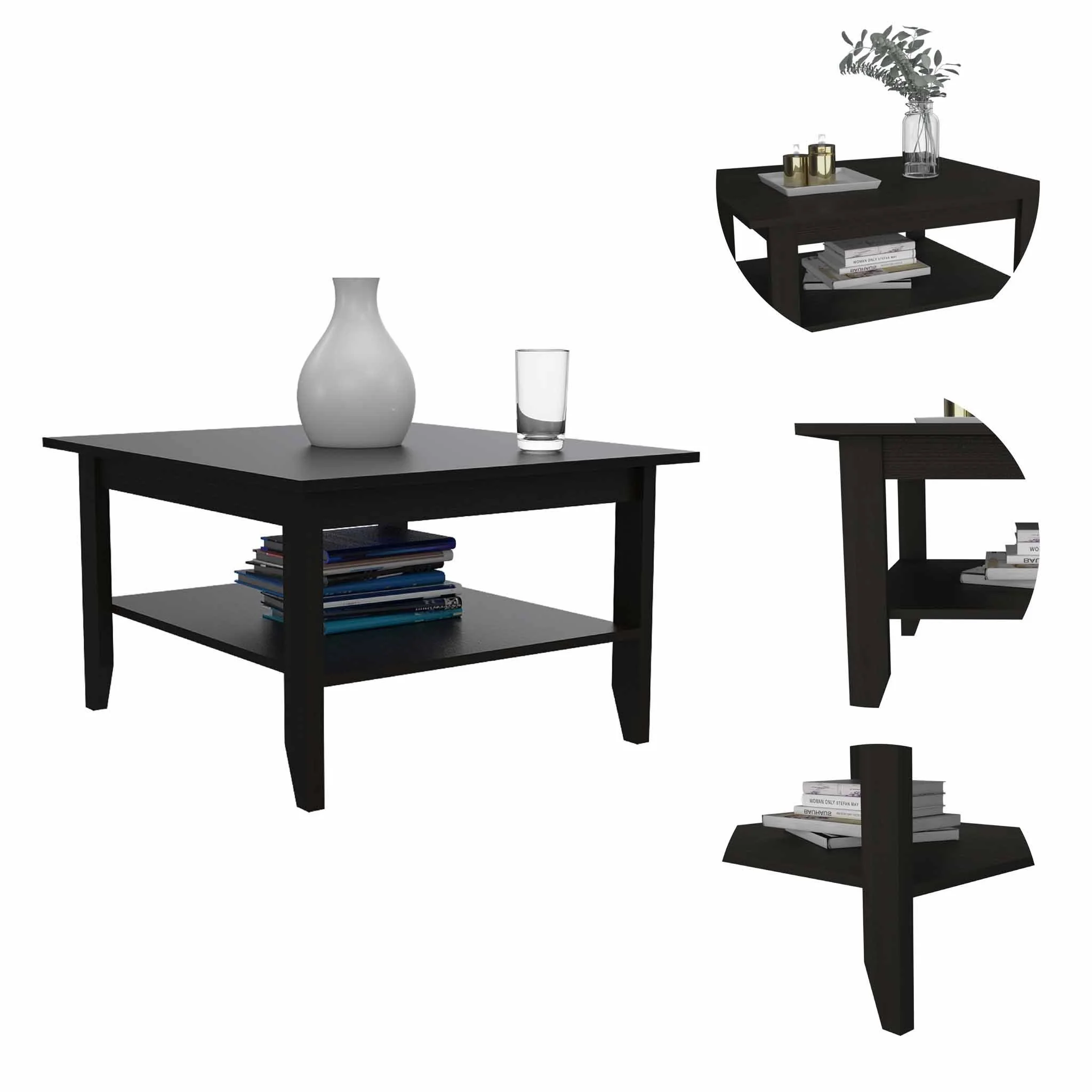 Modern Jet Black Coffee Table with Shelf By Homeroots - Image 4