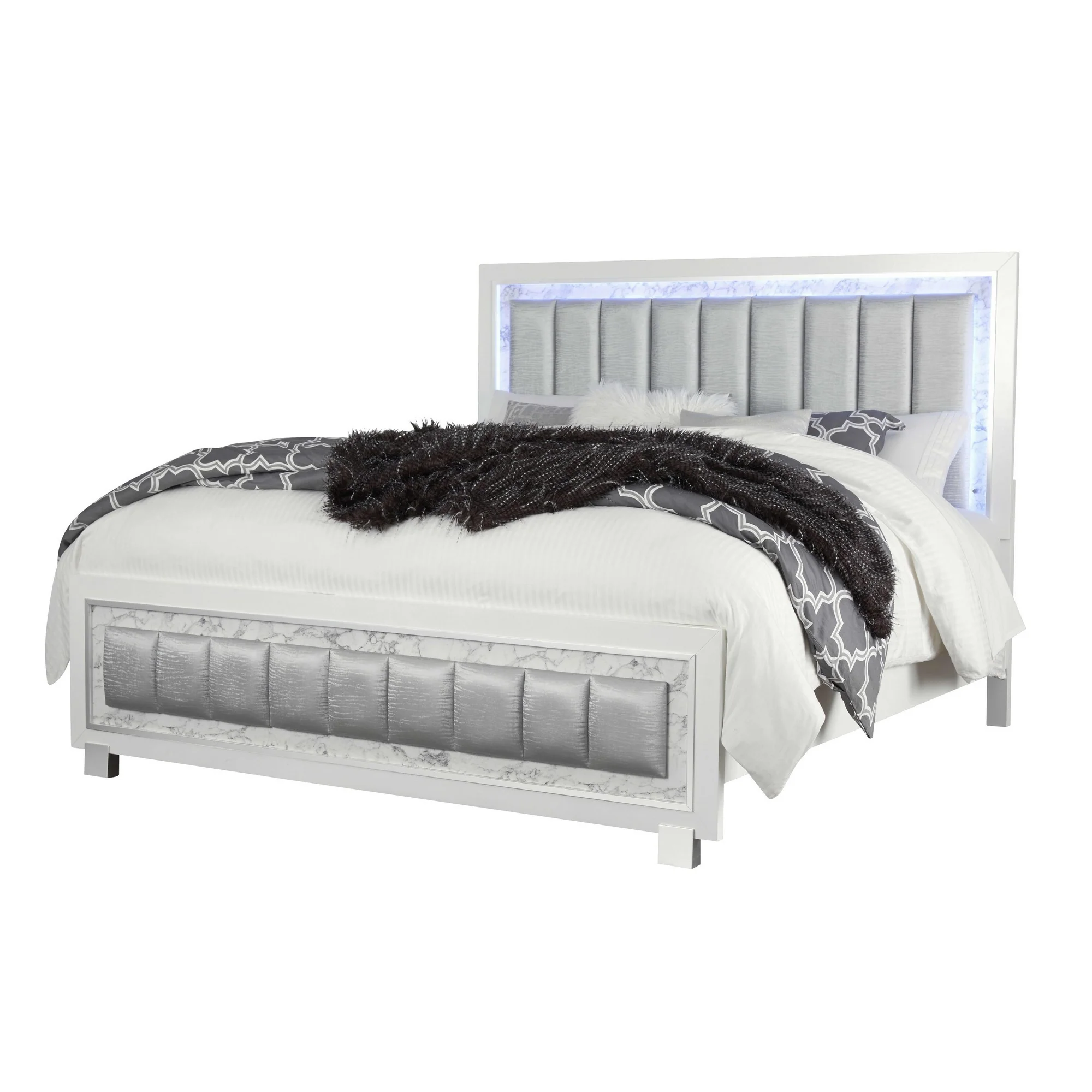 Modern Luxurious White Queen Bed With Padded Headboard Led Lightning By Homeroots - Image 3