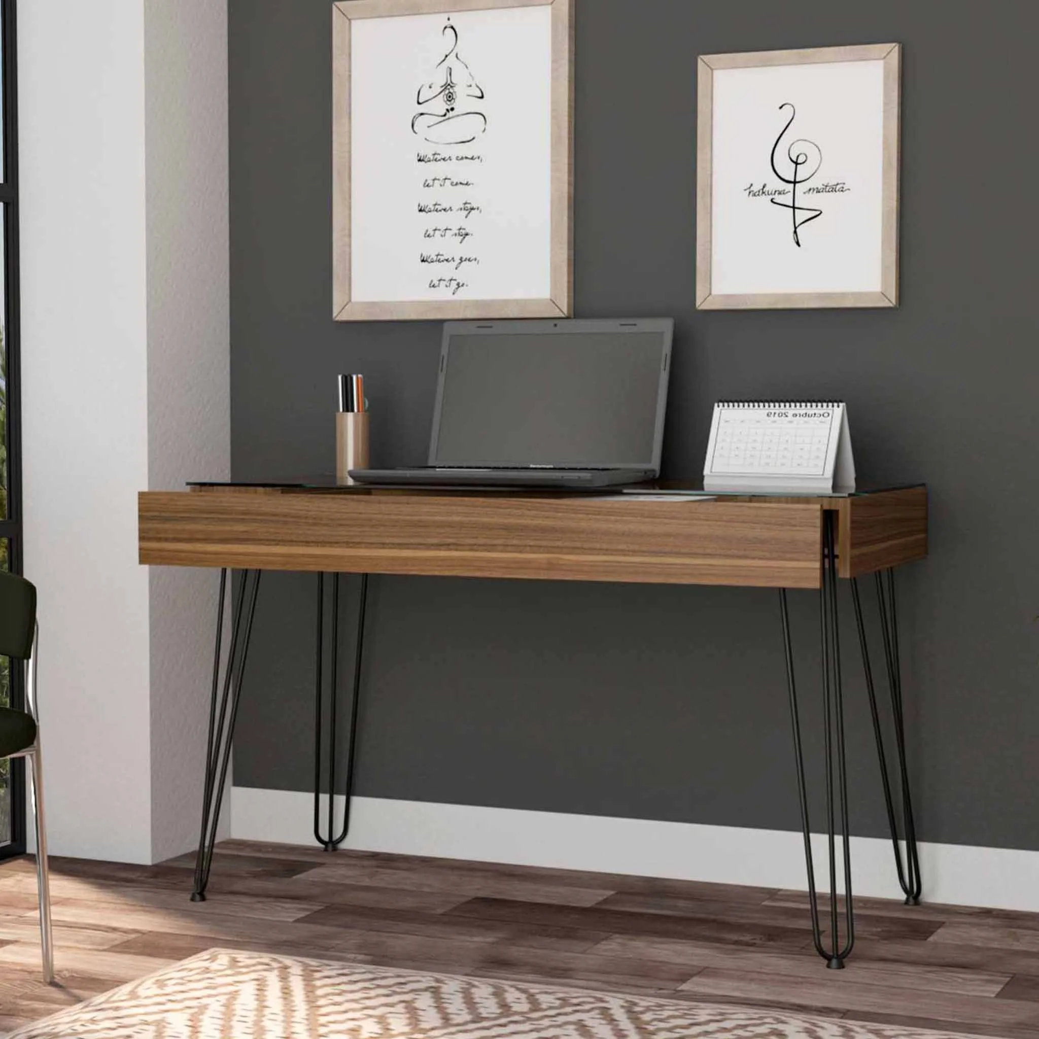 Modern Mahogany and Black Geometric Computer Desk By Homeroots - Image 3