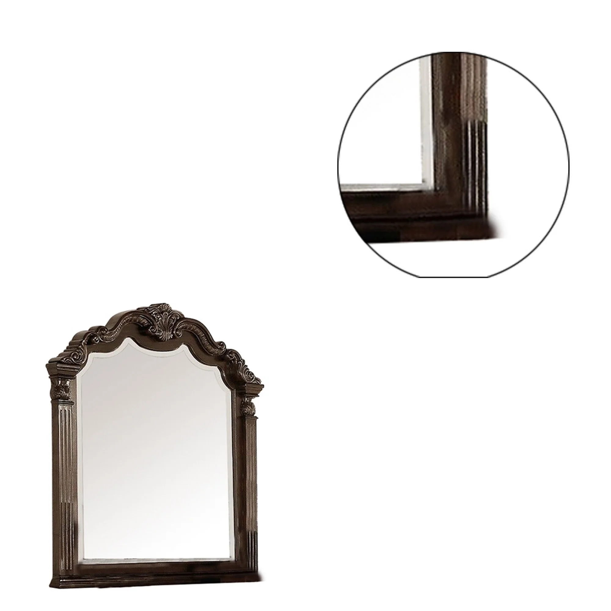 Modern Mirror with Crown Top Frame and Molded Details, Brown By Benzara - Image 3