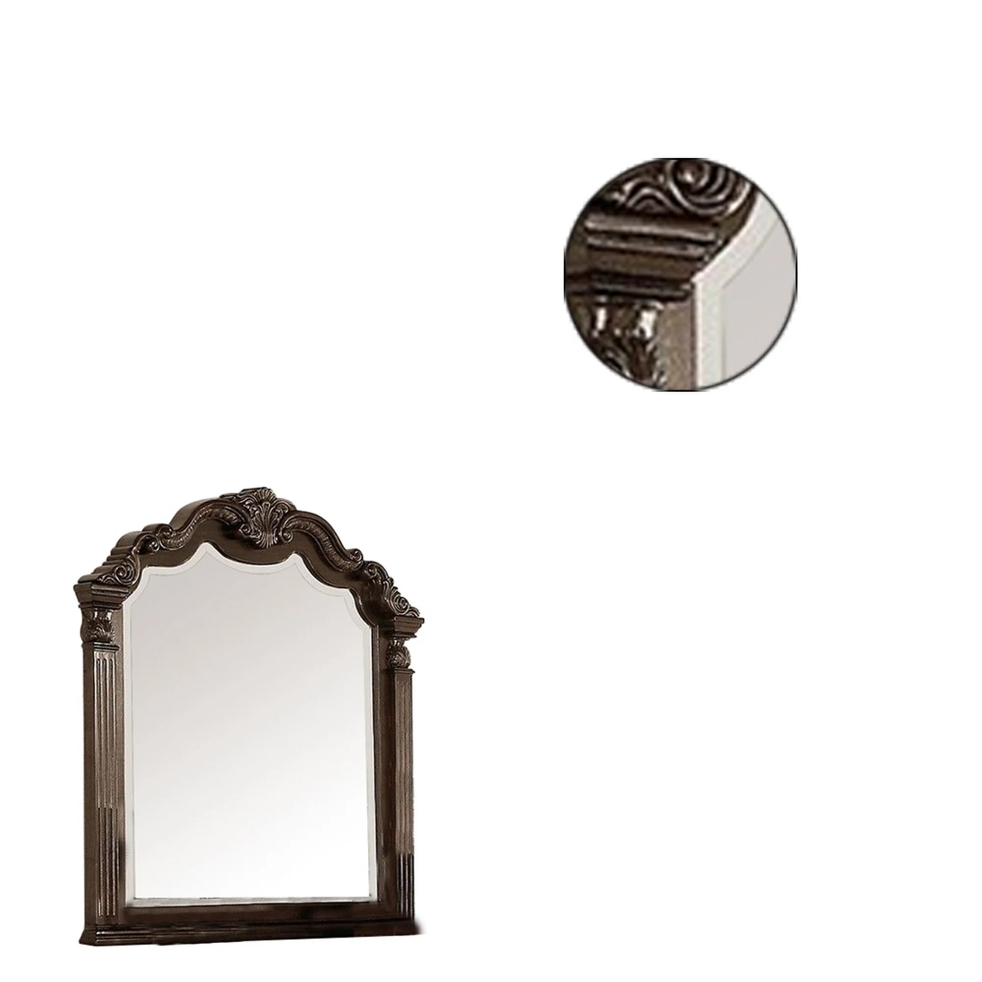 Modern Mirror with Crown Top Frame and Molded Details, Brown By Benzara - Image 4