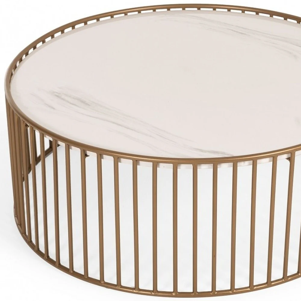 Modern Round White and Gold Faux Marble Coffee Table By Homeroots - Image 4