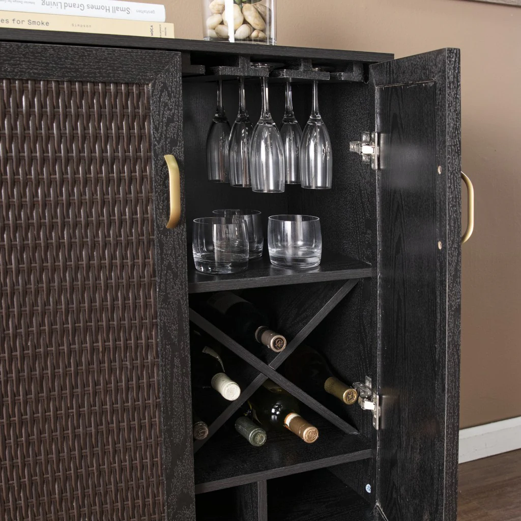 Modern Rustic Black Gold And Faux Rattan Bar Cabinet By Homeroots - Image 2