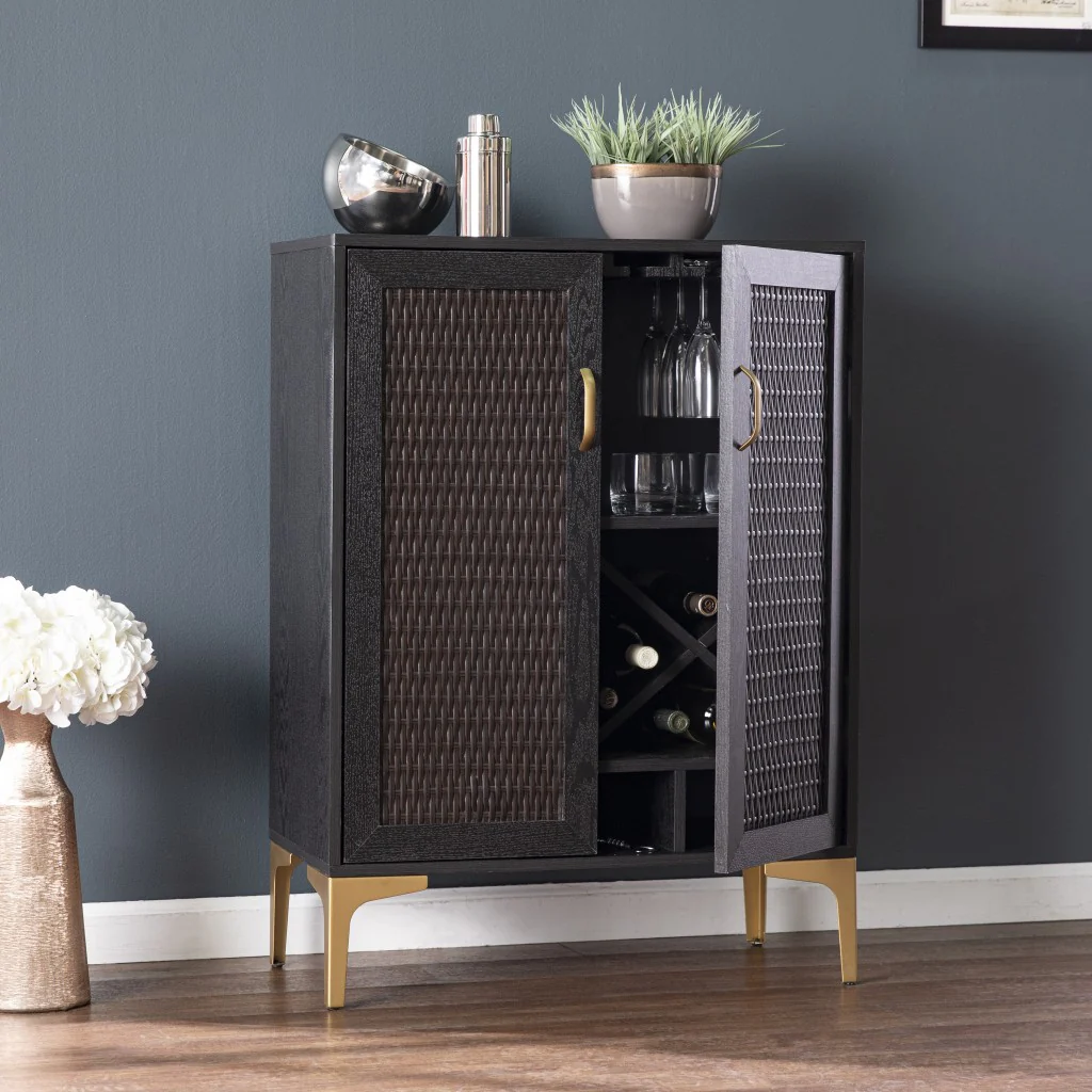 Modern Rustic Black Gold And Faux Rattan Bar Cabinet By Homeroots - Image 3