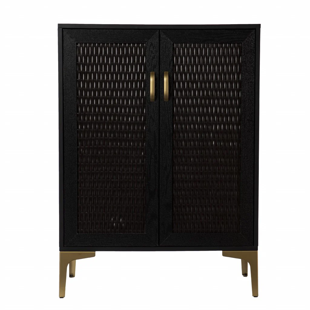 Modern Rustic Black Gold And Faux Rattan Bar Cabinet By Homeroots - Image 4