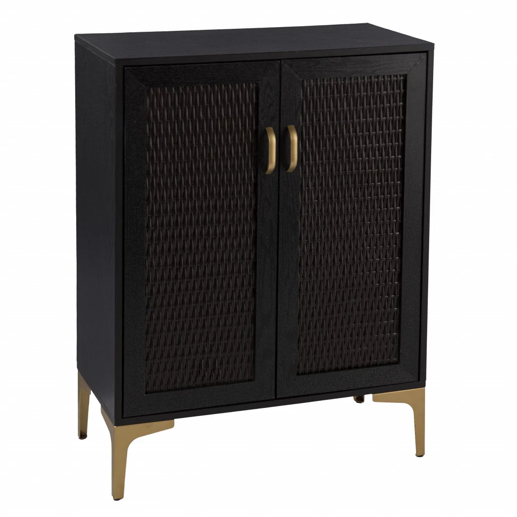 Modern Rustic Black Gold And Faux Rattan Bar Cabinet By Homeroots - Image 5