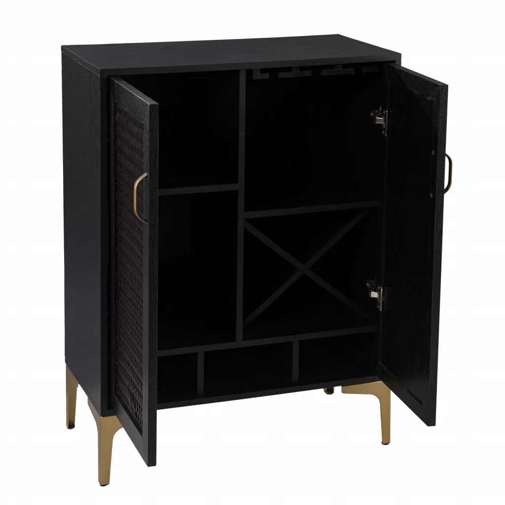 Modern Rustic Black Gold And Faux Rattan Bar Cabinet By Homeroots - Image 9