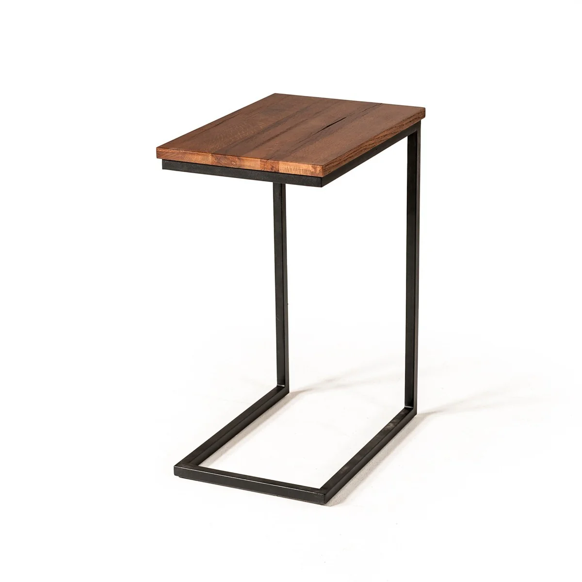 Modern Rustic Brown Aged Oak Wood and Metal C Shape Snack Table By Homeroots - Image 3