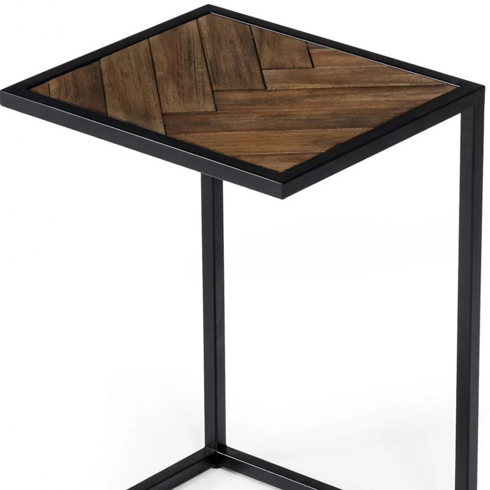 Modern Rustic Brown and Black Chevron Wood and Metal Snack Table By Homeroots - Image 5