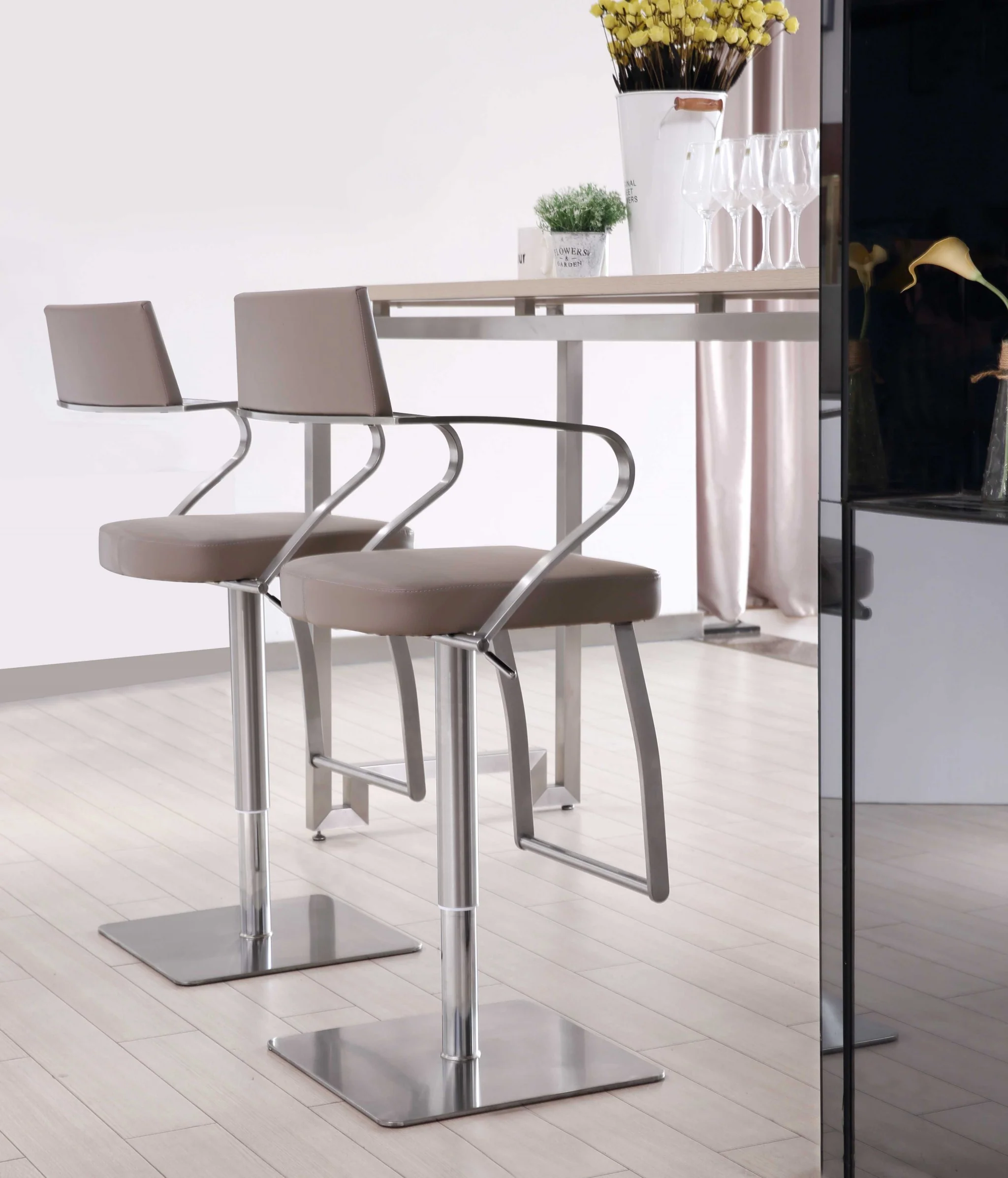 Modern Taupe Faux Leather Adjustable Barstool with Arms By Homeroots - Image 6