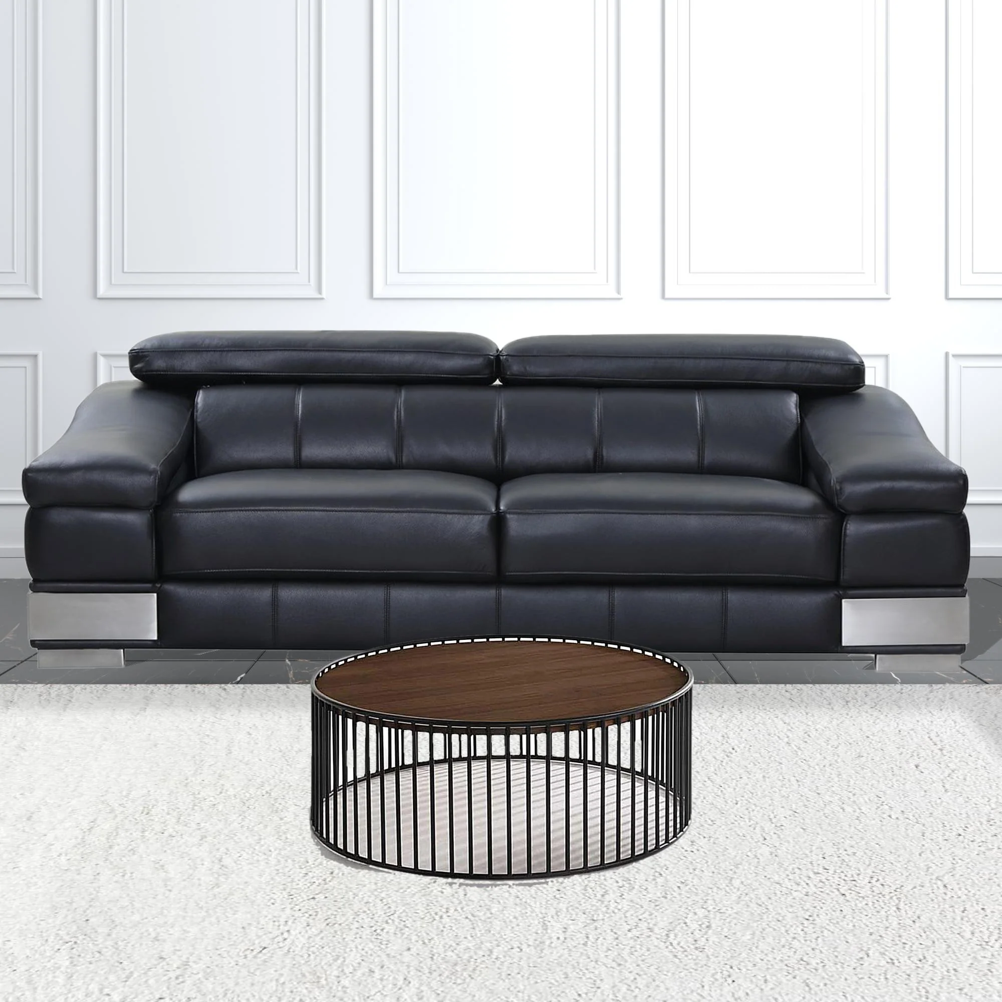 Modern Walnut and Black Metal Rods Round Coffee Table By Homeroots - Image 3