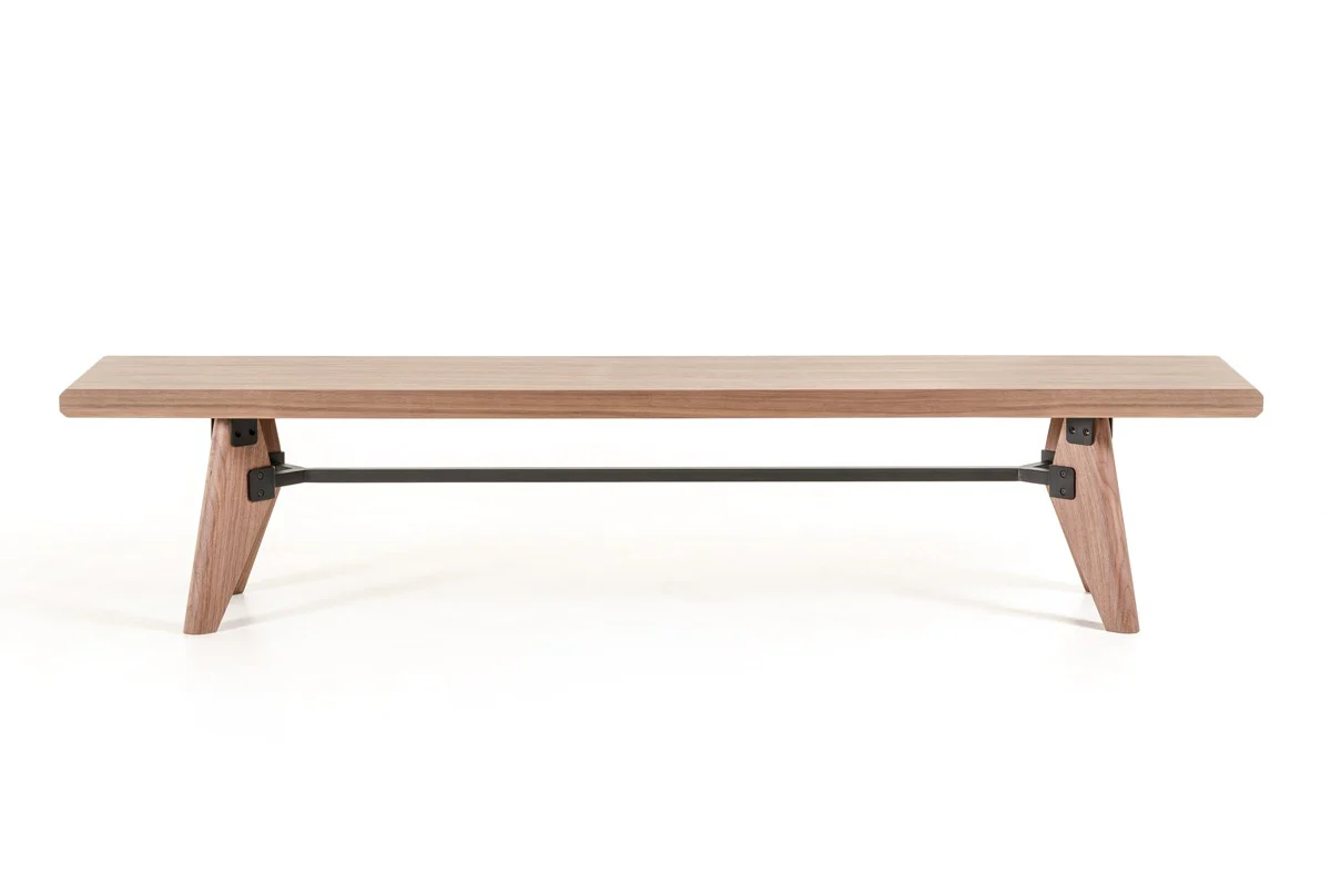 Modern Walnut Finish Dining Bench with Silky Black Metal Support Bar By Homeroots - Image 2