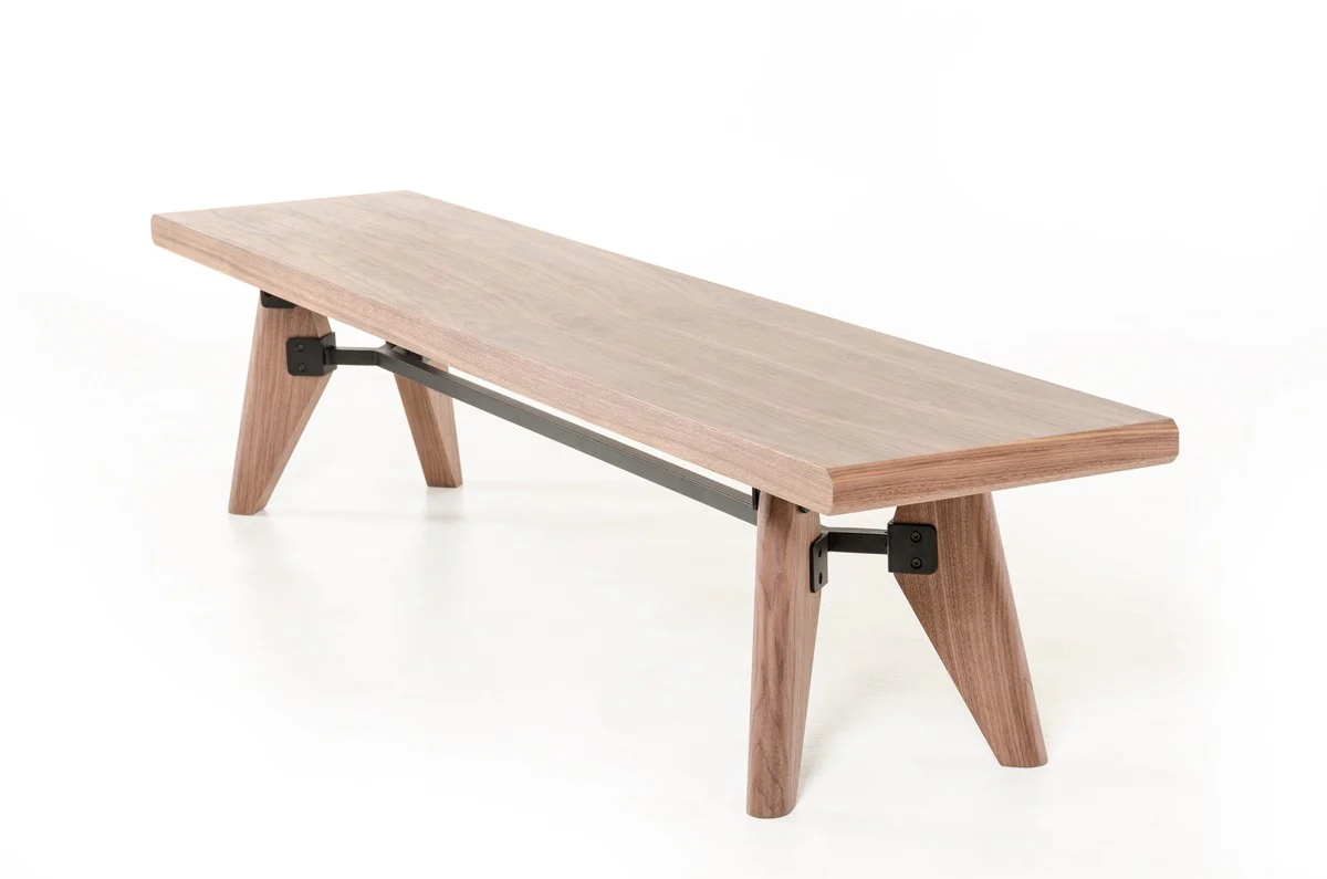 Modern Walnut Finish Dining Bench with Silky Black Metal Support Bar By Homeroots - Image 3