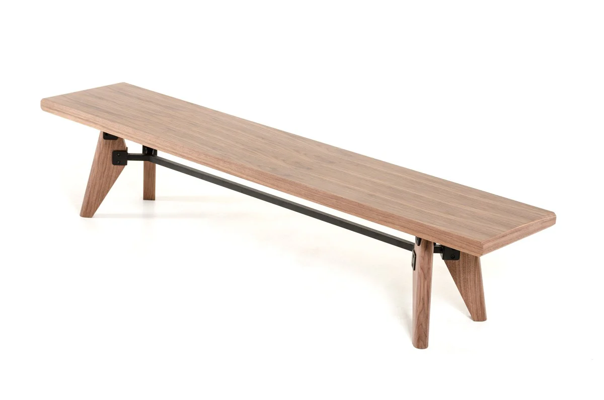 Modern Walnut Finish Dining Bench with Silky Black Metal Support Bar By Homeroots - Image 4
