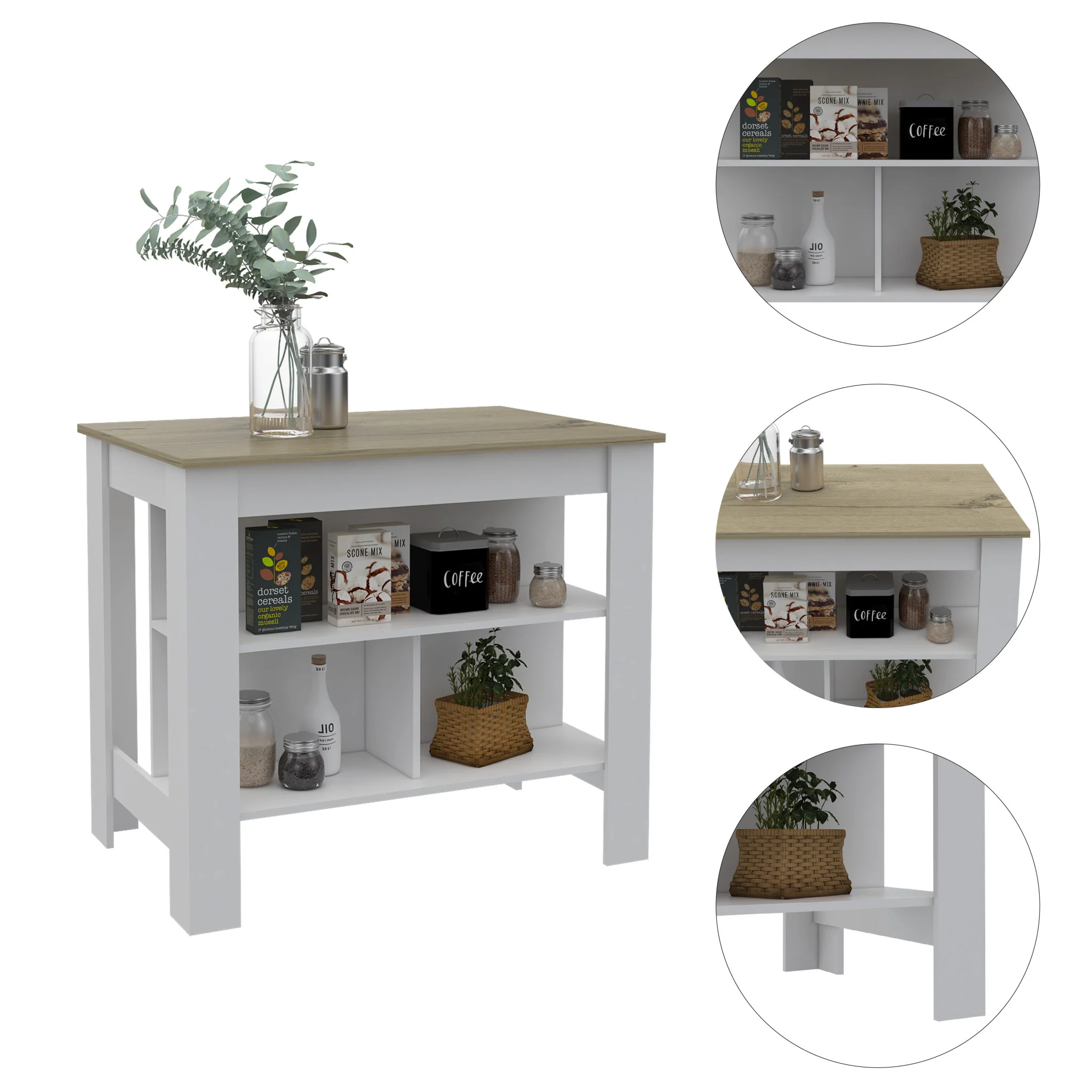 Modern White and Light Oak Kitchen Island By Homeroots - Image 2