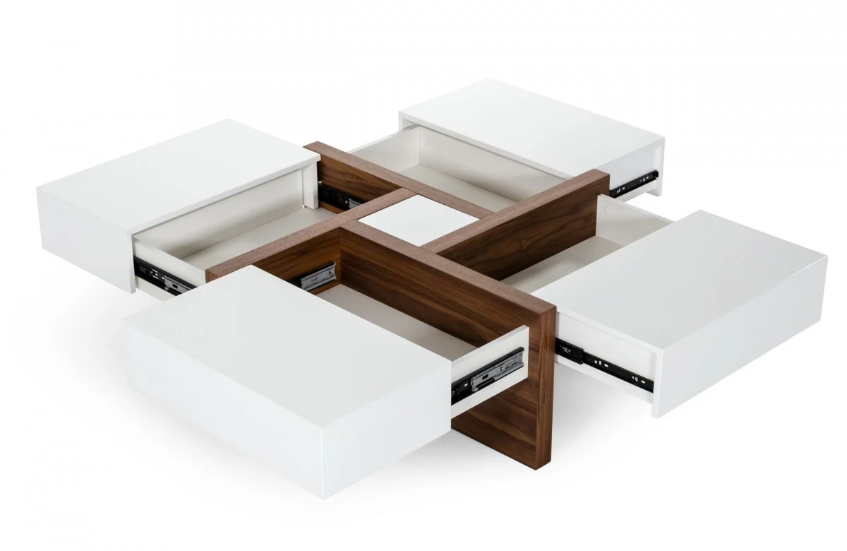 Modern White and Walnut Square Coffee Table with Storage By Homeroots - Image 2