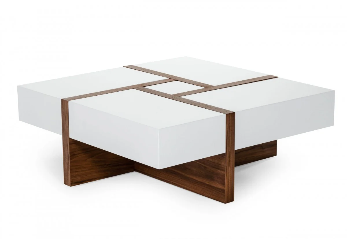 Modern White and Walnut Square Coffee Table with Storage By Homeroots - Image 3