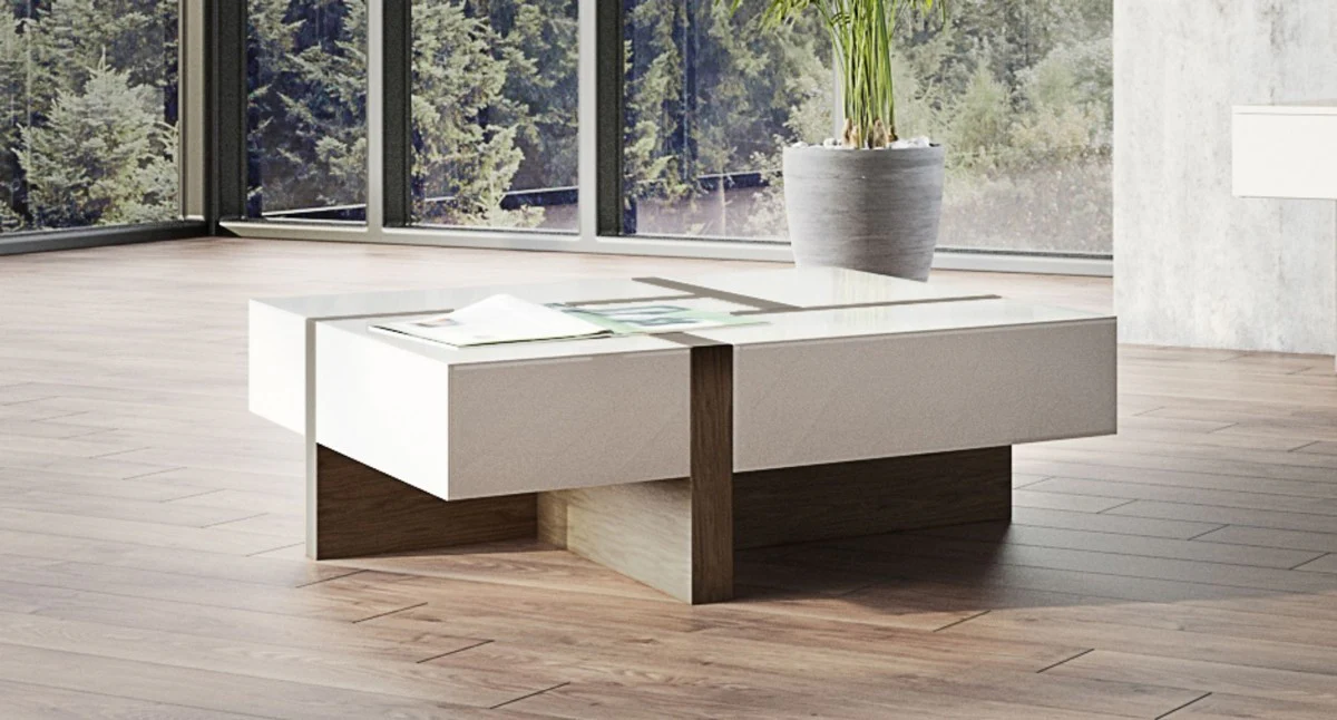 Modern White and Walnut Square Coffee Table with Storage By Homeroots - Image 5