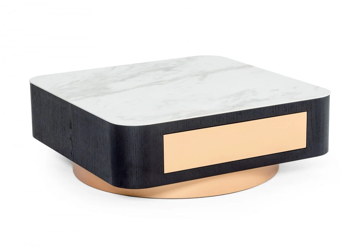Modern White Black and Rose Gold Coffee Table with One Drawer By Homeroots - Image 3