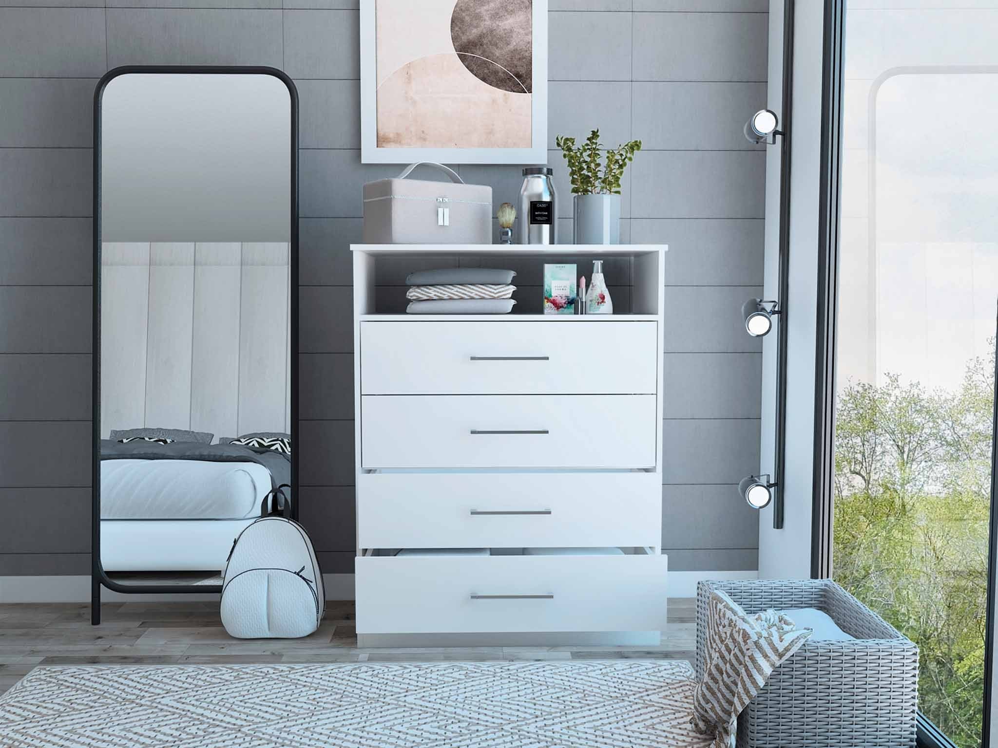 Modern White Four Drawer Dresser With Hutch By Homeroots - Image 4