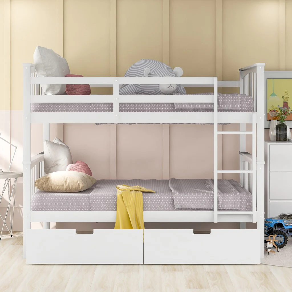 Modern White Full Over Full Bunk Bed With Two Drawers By Homeroots - Image 2