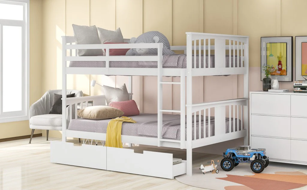 Modern White Full Over Full Bunk Bed With Two Drawers By Homeroots - Image 3