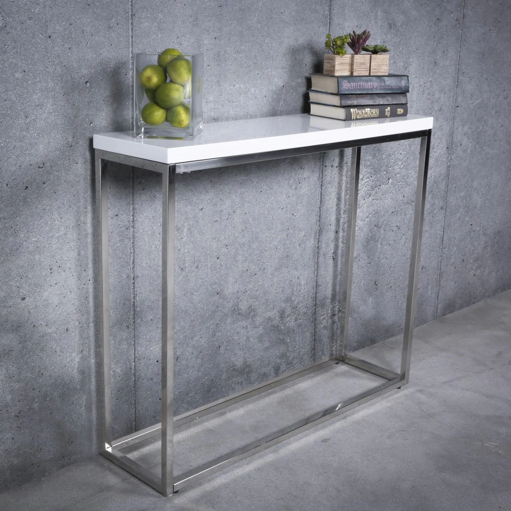 Modern White Gloss and Chrome Console Table By Homeroots - Image 4