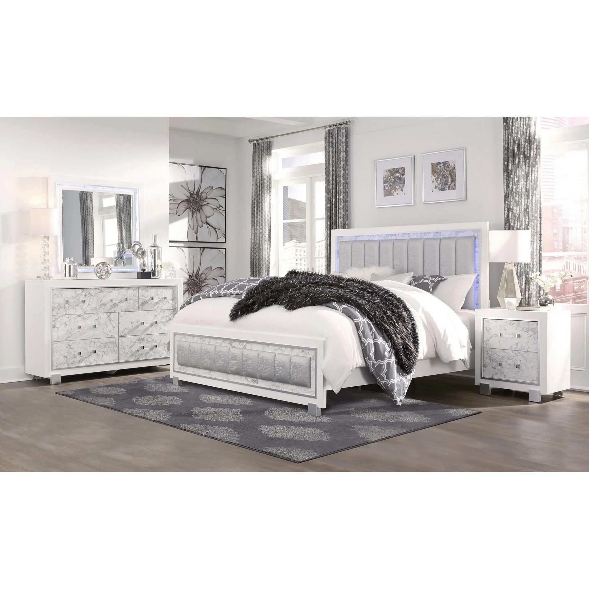 Modern White Mirror with Faux Marble Border Detail LED Lightning By Homeroots - Image 3