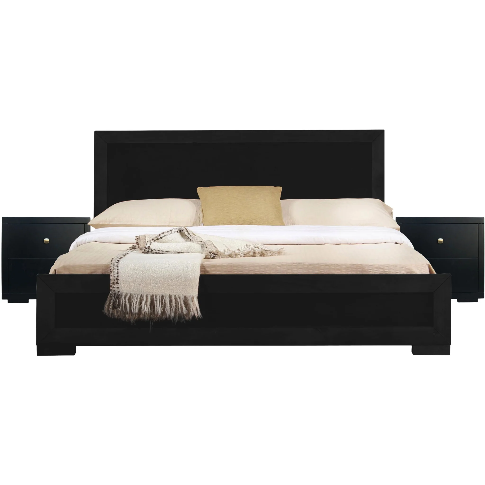 Moma Black Wood Platform Queen Bed With Two Nightstands By Homeroots - Image 2