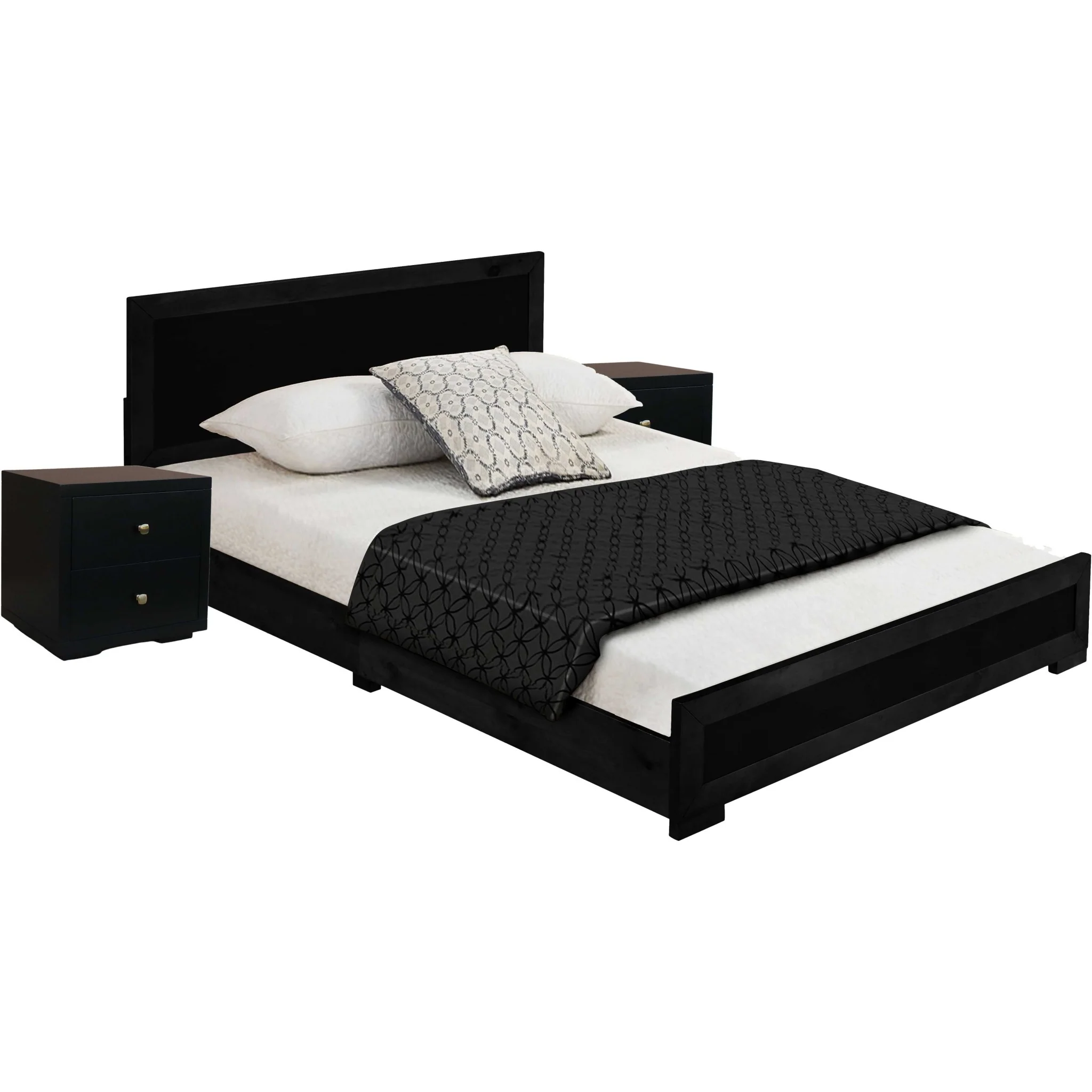 Moma Black Wood Platform Queen Bed With Two Nightstands By Homeroots - Image 3