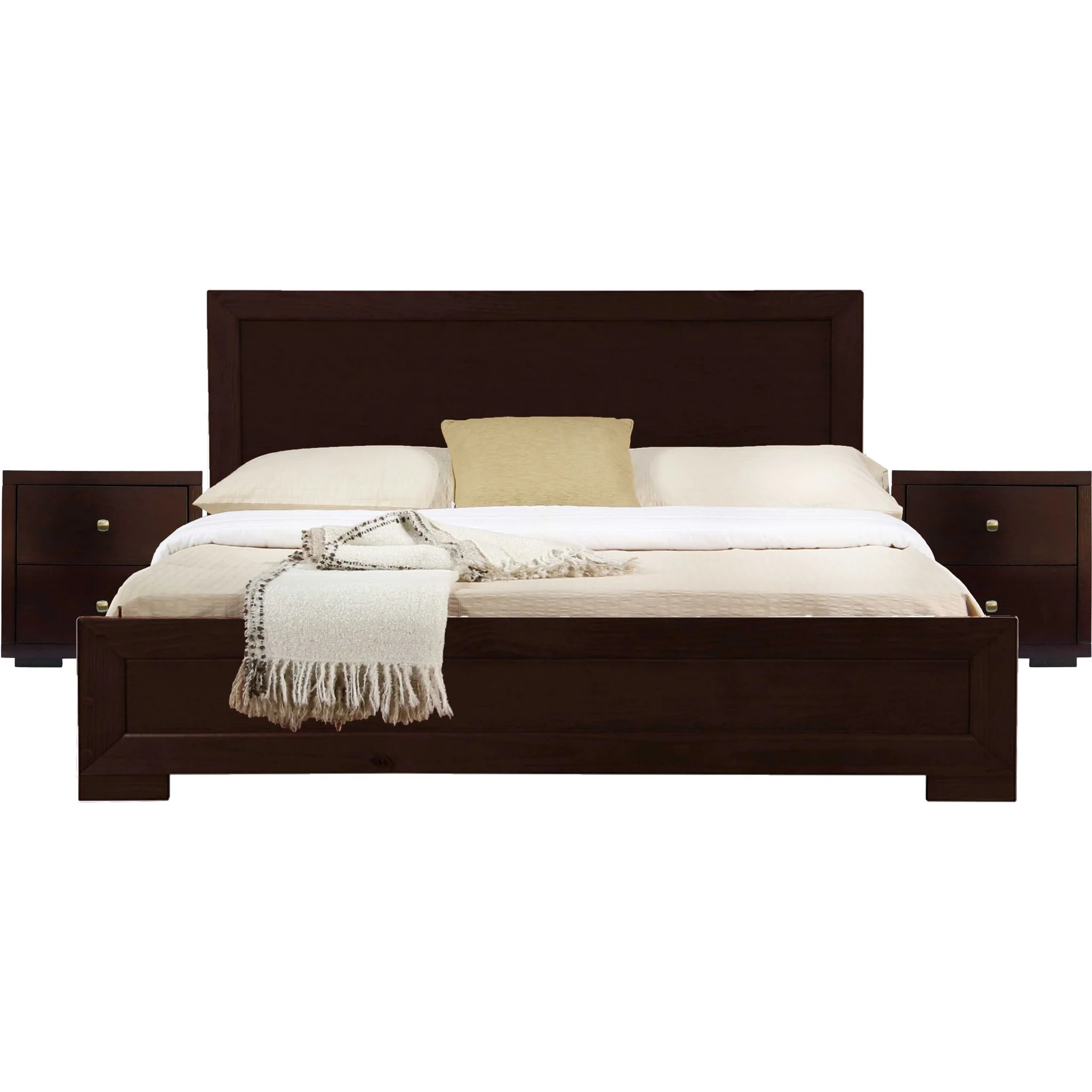 Moma Espresso Wood Platform Queen Bed With Two Nightstands By Homeroots - Image 2