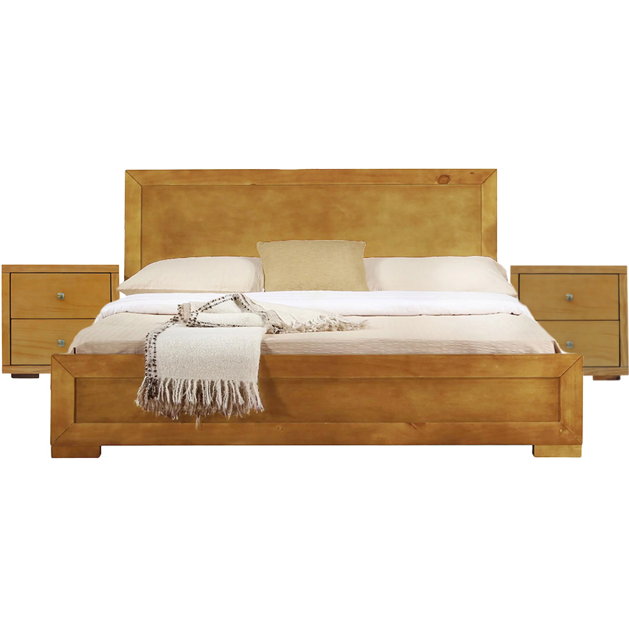 Moma Oak Wood Platform Queen Bed With Two Nightstands By Homeroots - Image 2